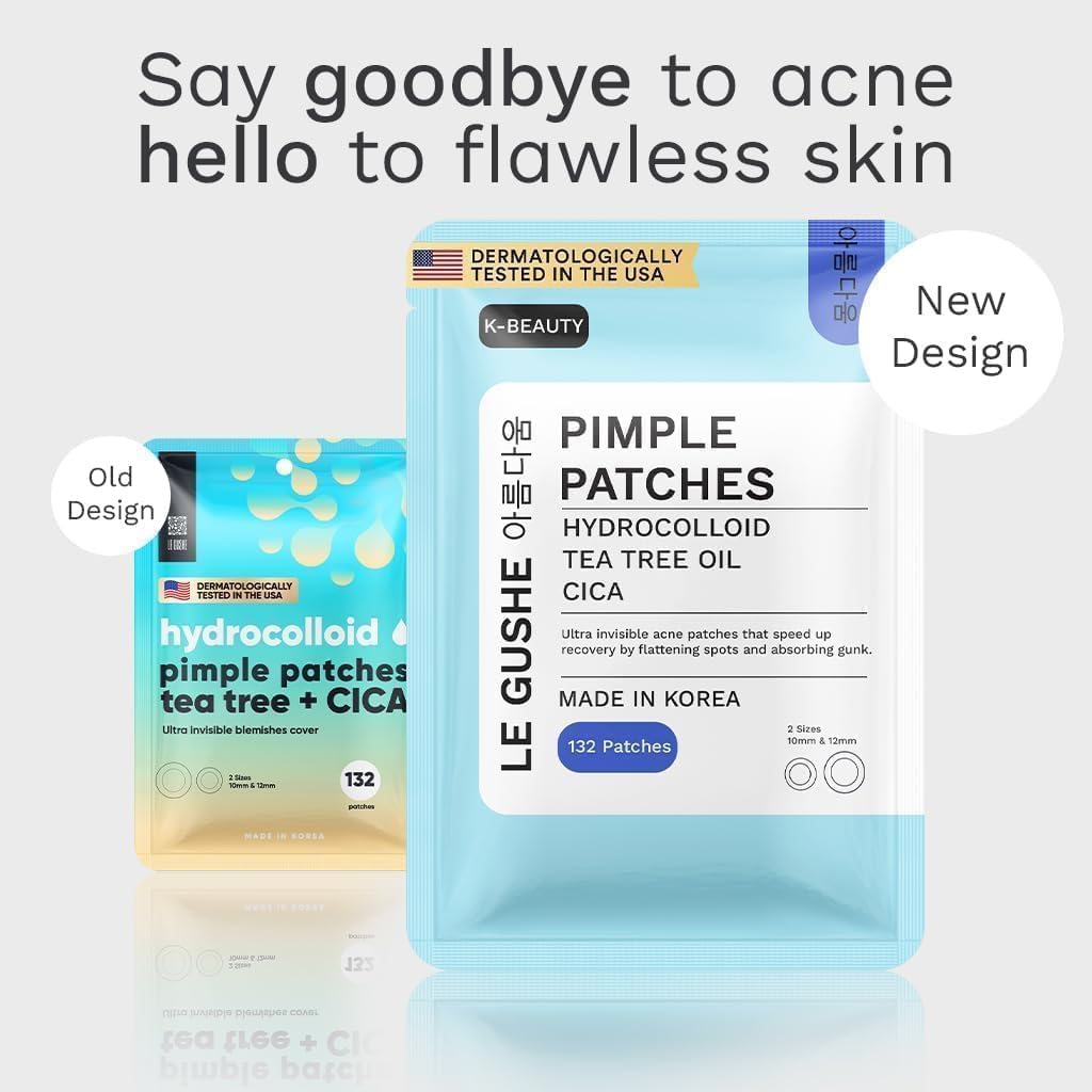 LE GUSHE patches on bathroom vanity showing daily skincare use