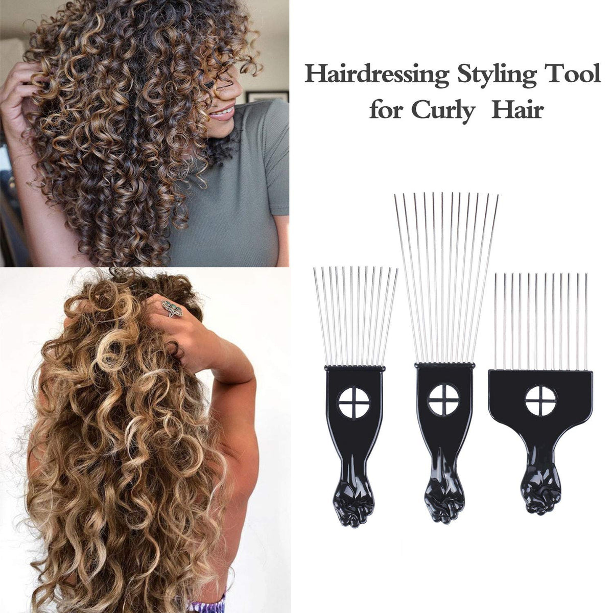LEADUWAY hair pick being used in curly hair to create volume and shape