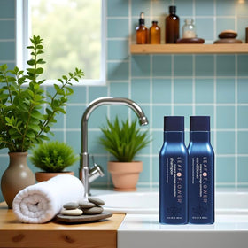 Leaf & Flower duo in shower scene illustrating easy application and rinsing benefit