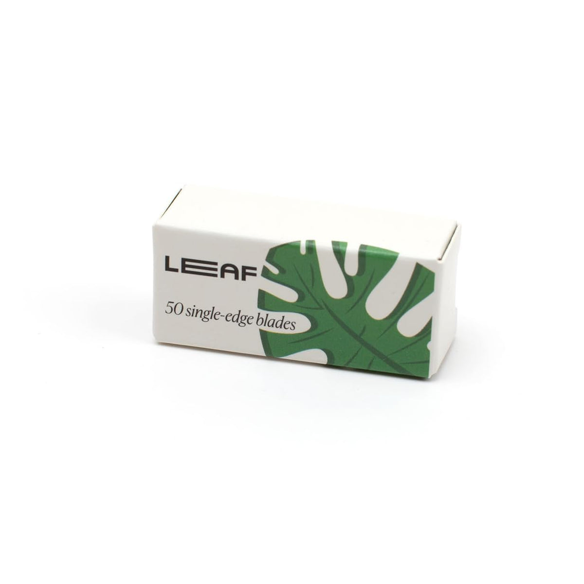 Leaf Shave front packaging showing 50-count blades and brand clarity benefiting shelf recognition
