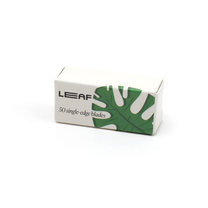 Leaf Shave front packaging showing 50-count blades and brand clarity benefiting shelf recognition