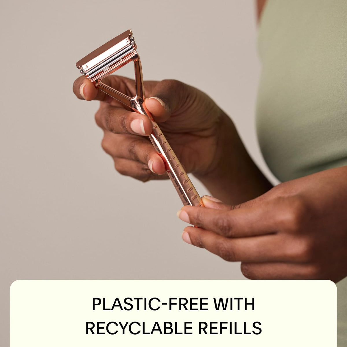 Leaf Shave razor in bathroom lifestyle scene showing efficient full-body shaving and low-waste routine