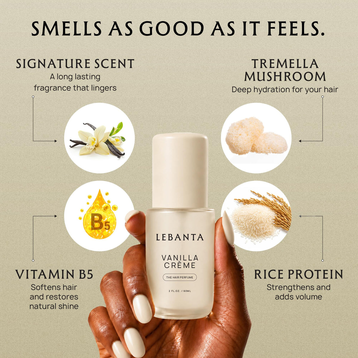 Lebanta bottle held in hand showing 60mL travel size convenience