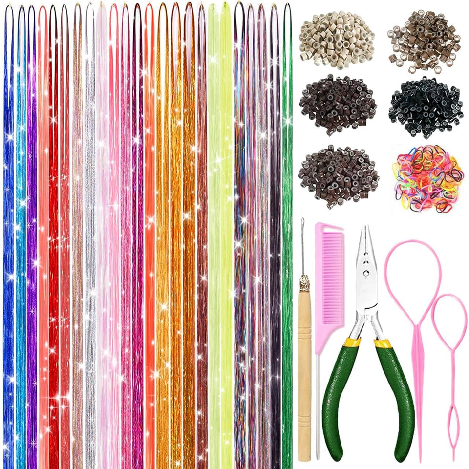 LEDIZE front packaging showing 24-color hair tinsel kit and included tools for quick styling