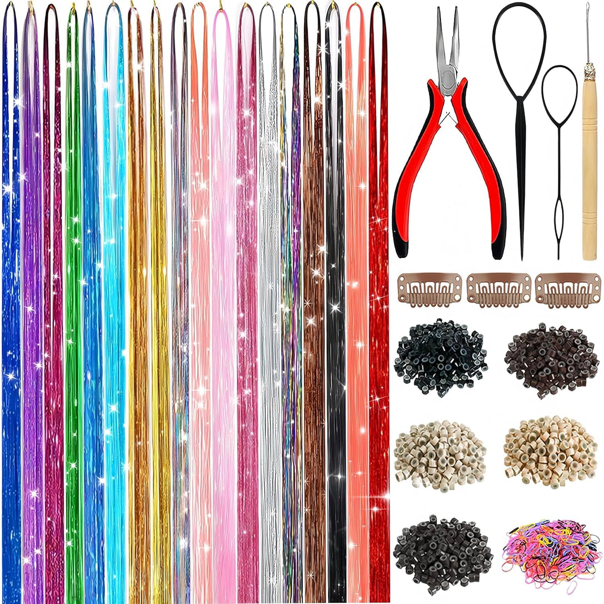 LEDIZE front packaging showing complete 18-color tinsel kit and tools, easy styling