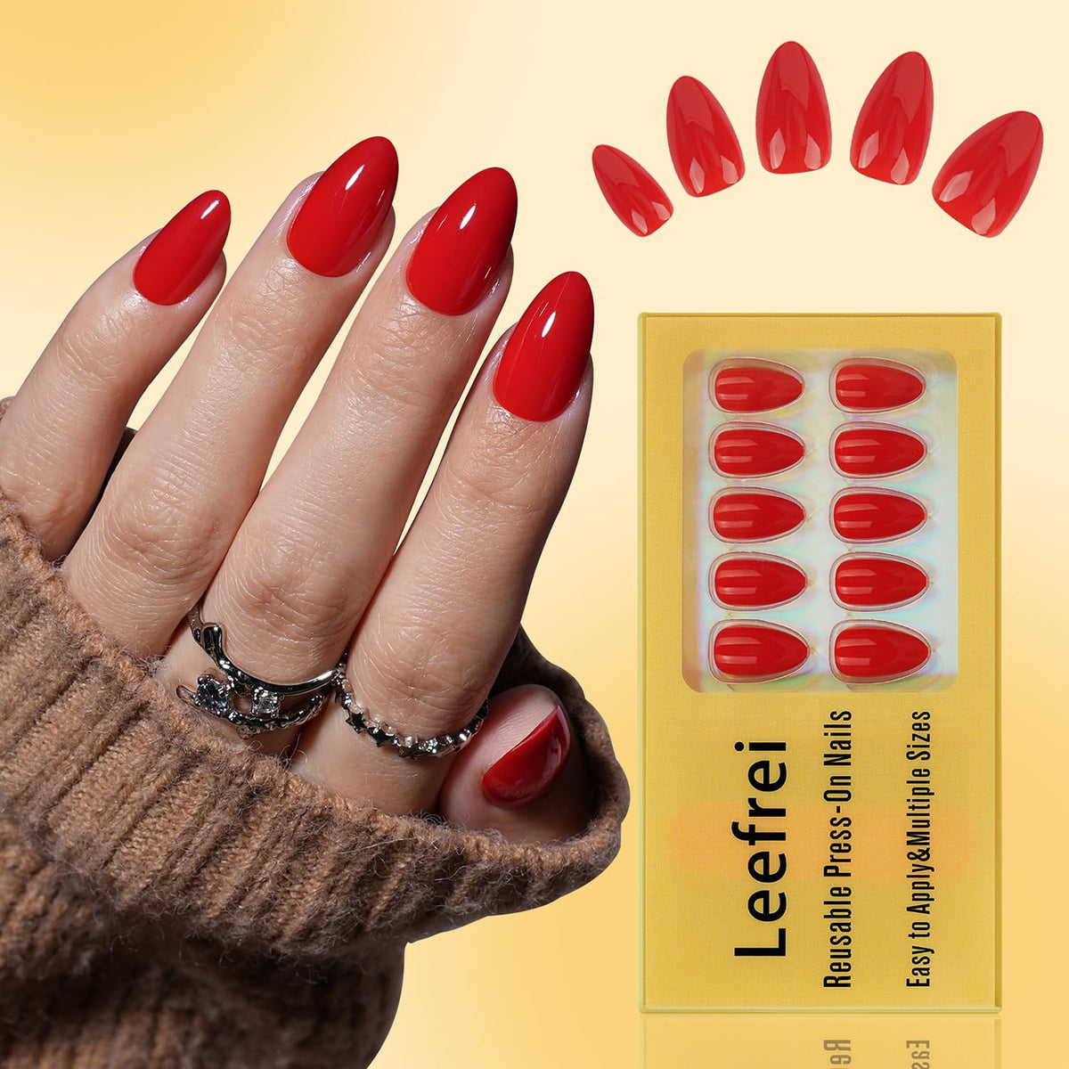 Leefrei close-up of glossy Cherry Heat almond nail highlighting smooth salon shine