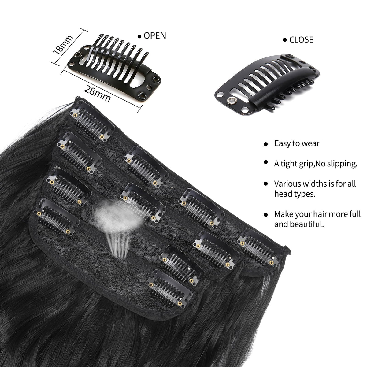 LEEONS clip and sewn weft detail highlighting secure hold benefit