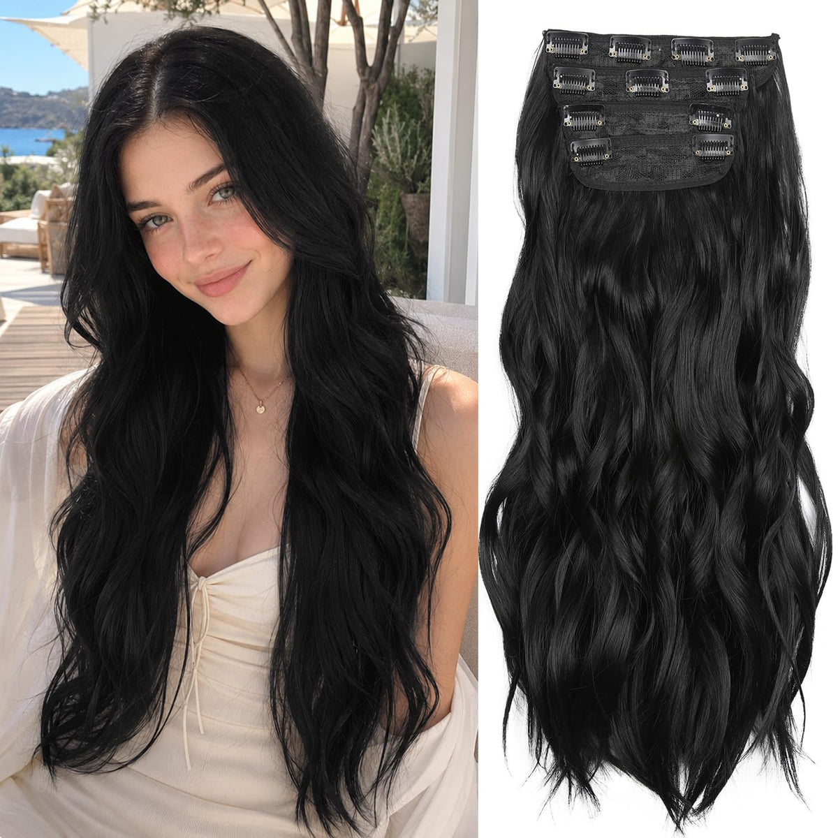 LEEONS front packaging showing 20-inch black clip-in set and quick results benefit