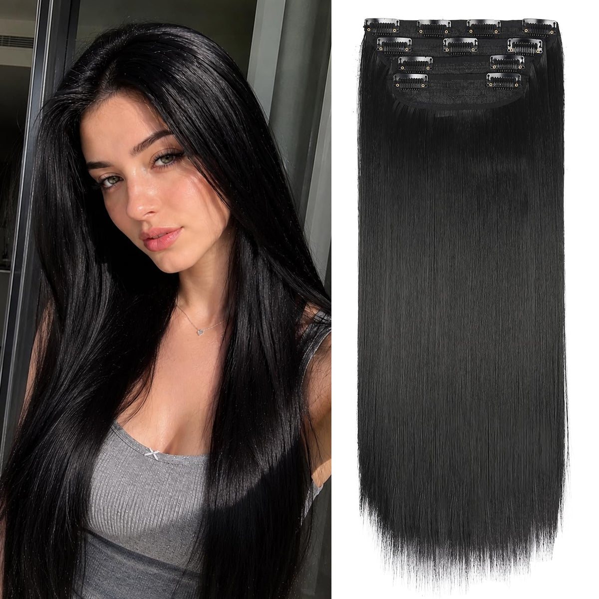 LEEONS front packaging of 20-inch #1B clip-in extensions showing full set and clips for easy styling