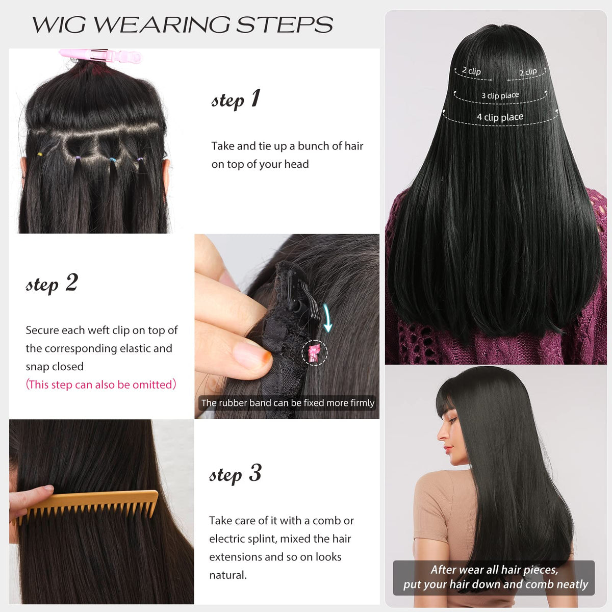 LEEONS layout of clips and wefts on flat surface showing organization and easy storage