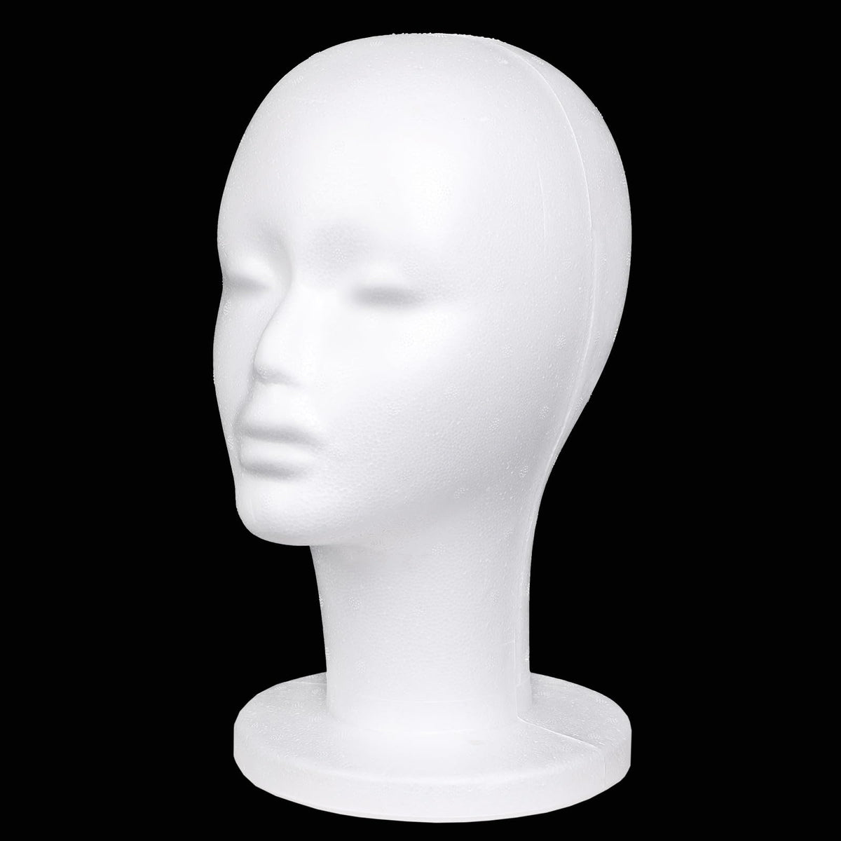 Leeven foam wig head front view showing neutral female face and stable base benefit