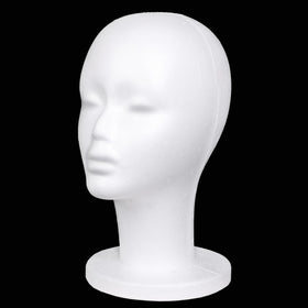 Leeven foam wig head front view showing neutral female face and stable base benefit