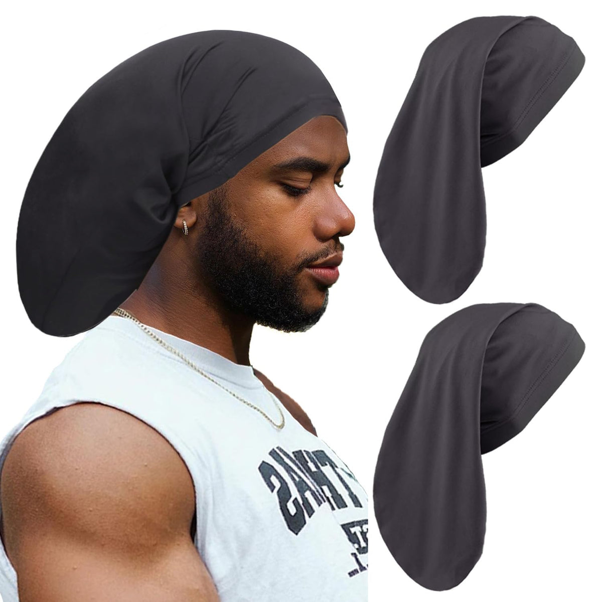 Leeven front view of black dreadlock cap showing full coverage and neat containment