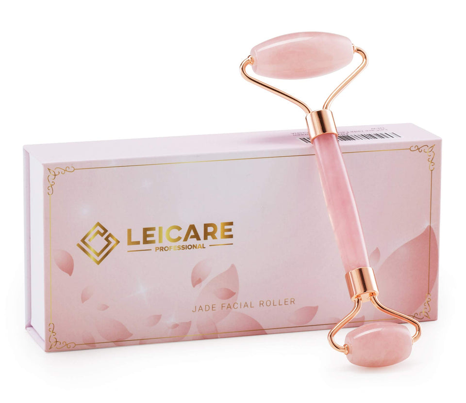 LeiCare rose quartz roller front view showing dual-ended design and cooling benefit