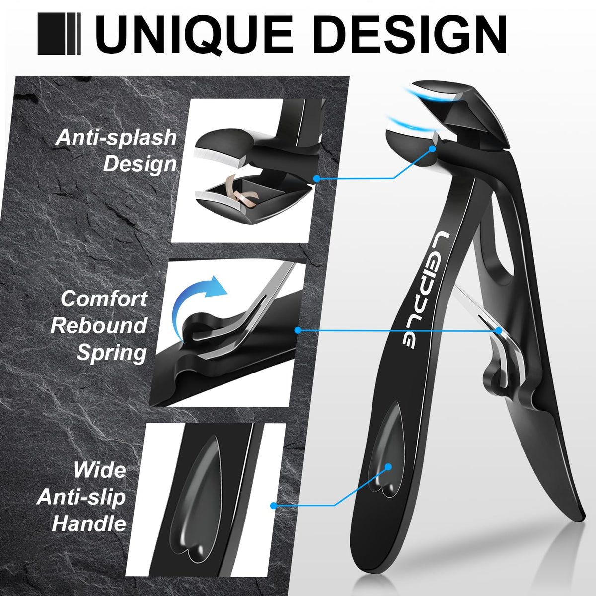 Leipple angled 90-degree clipper in hand improves visibility and reduces bending when trimming
