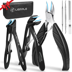 Leipple front packaging showing complete six-piece podiatry set and leather case for easy storage