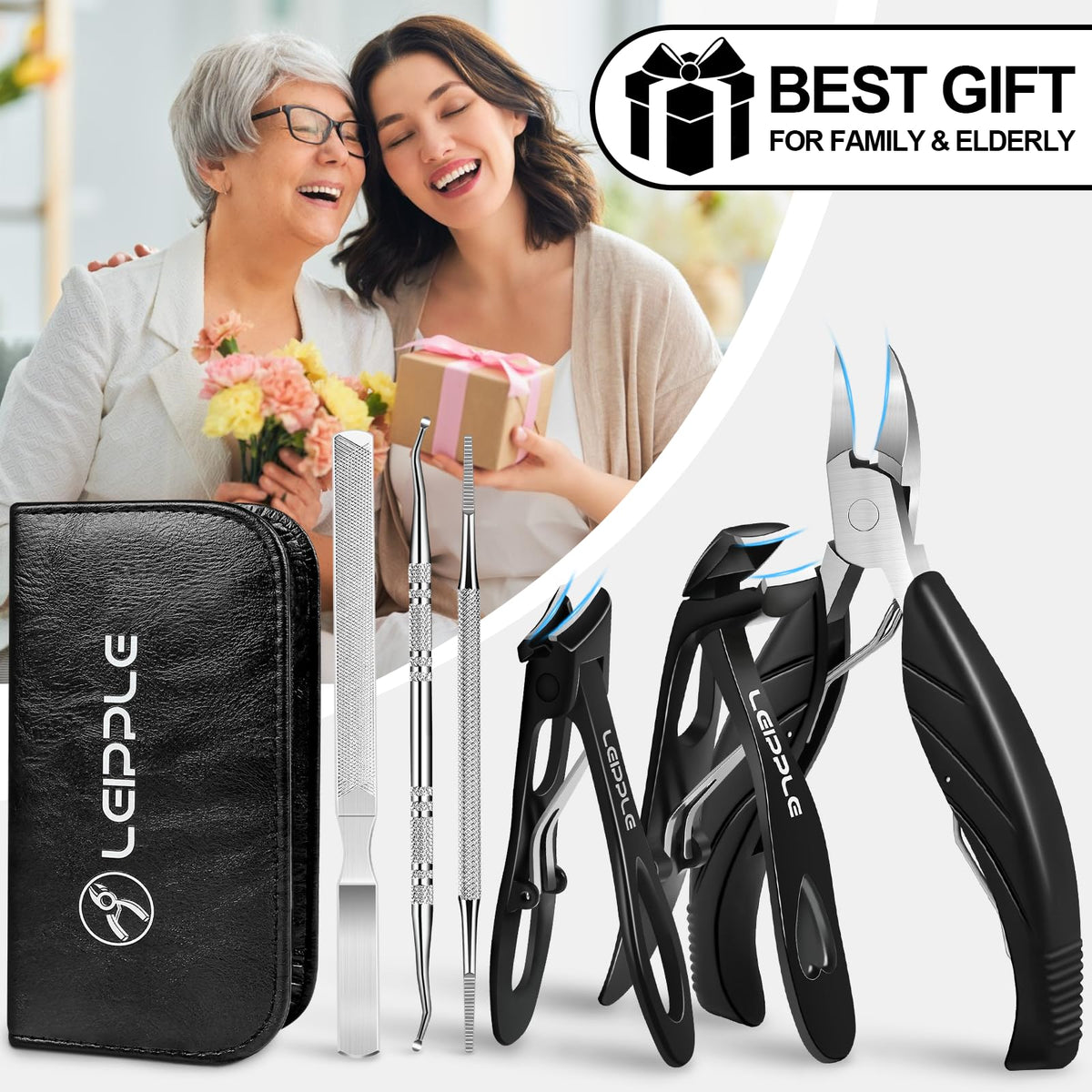 Leipple lifestyle bathroom pedicure setup demonstrating comfortable at-home nail care