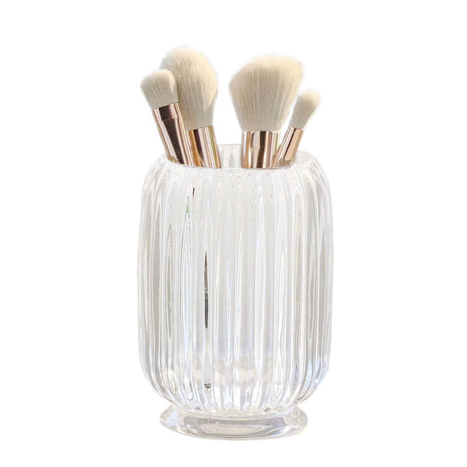 Lejesth front view of striped glass holder showing clean storage benefit