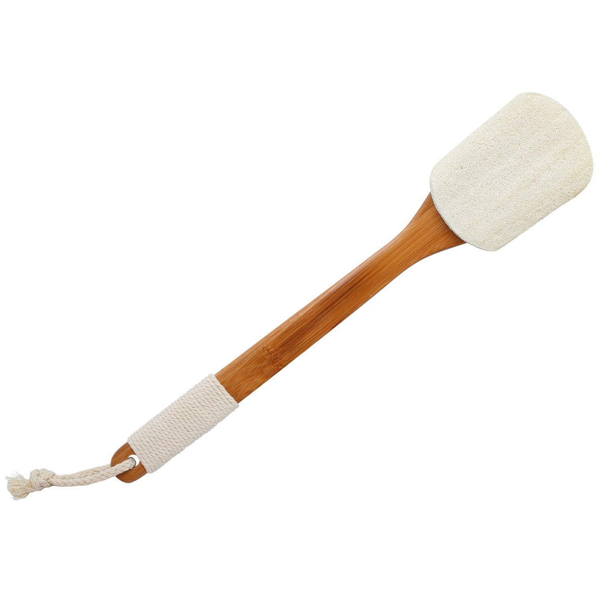 Leotruny front view showing off-white loofah and long handle for reliable exfoliation
