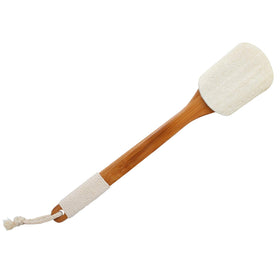 Leotruny front view showing off-white loofah and long handle for reliable exfoliation