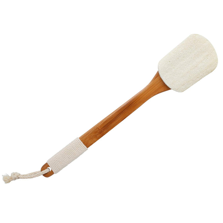Leotruny front view showing off-white loofah and long handle for reliable exfoliation
