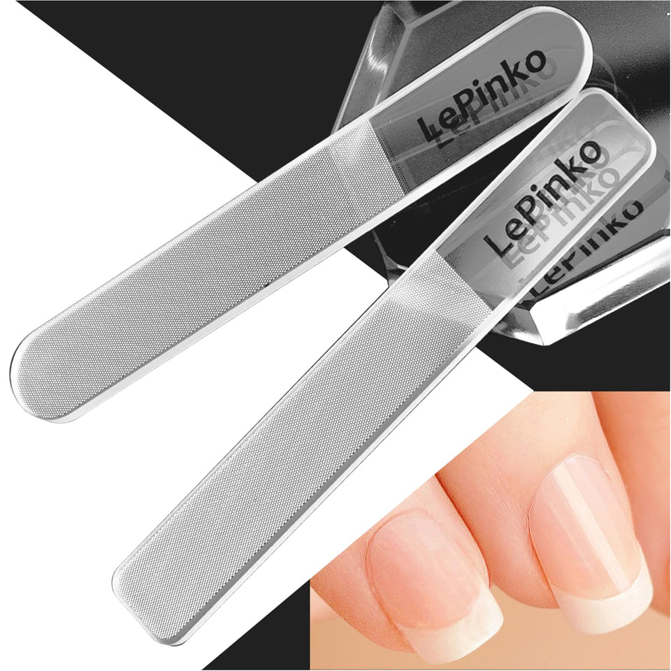 LePinko front packaging showing two glass nail shiners and storage cases, portable benefit