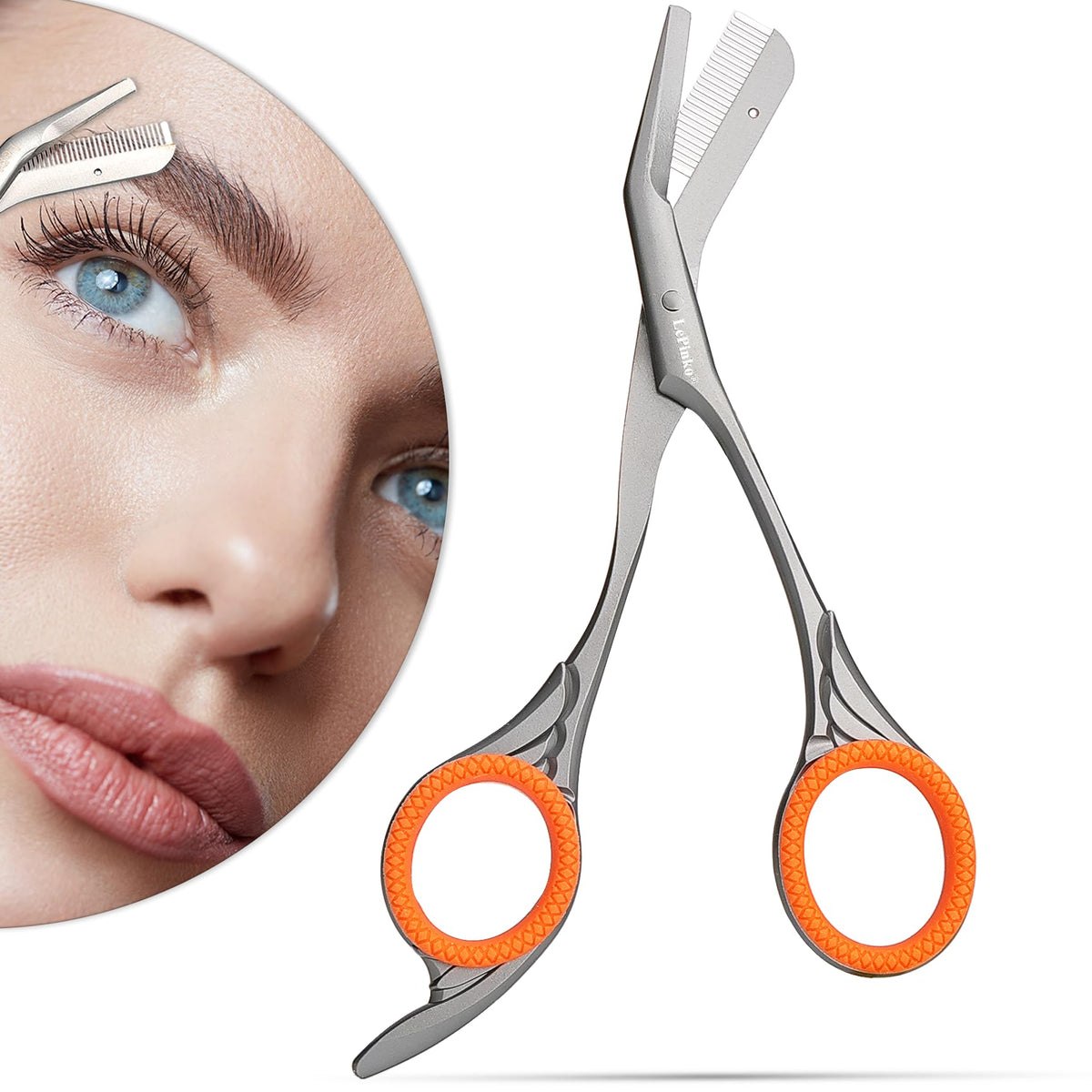LePinko front view of scissors with comb showing sleek gray finish and precise trimming
