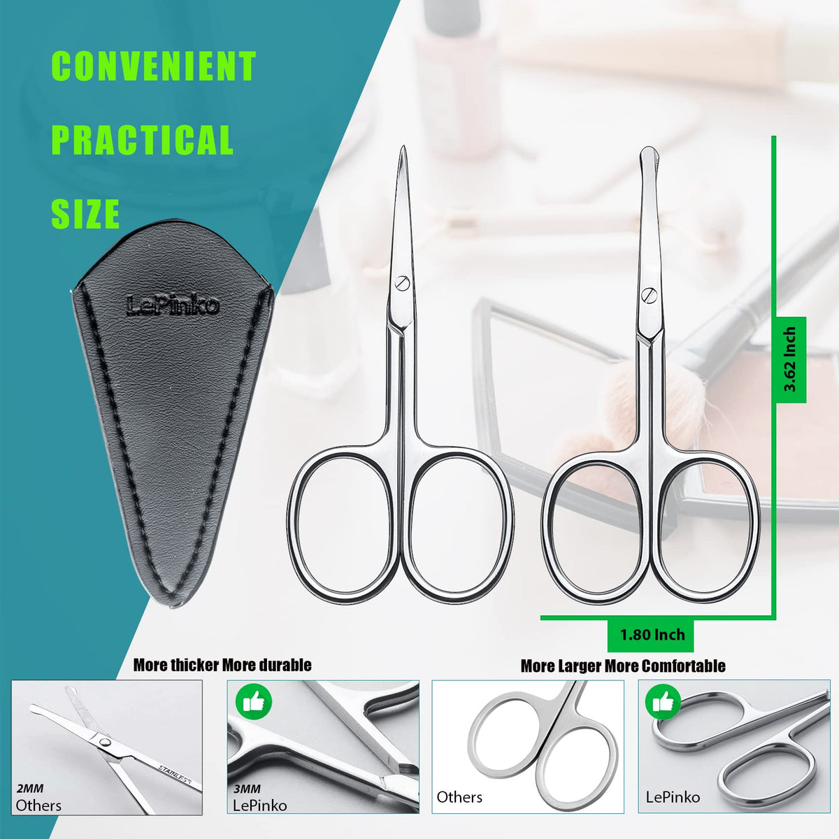 LePinko rounded tip detail highlighting safety design to reduce skin nicks while trimming sensitive areas