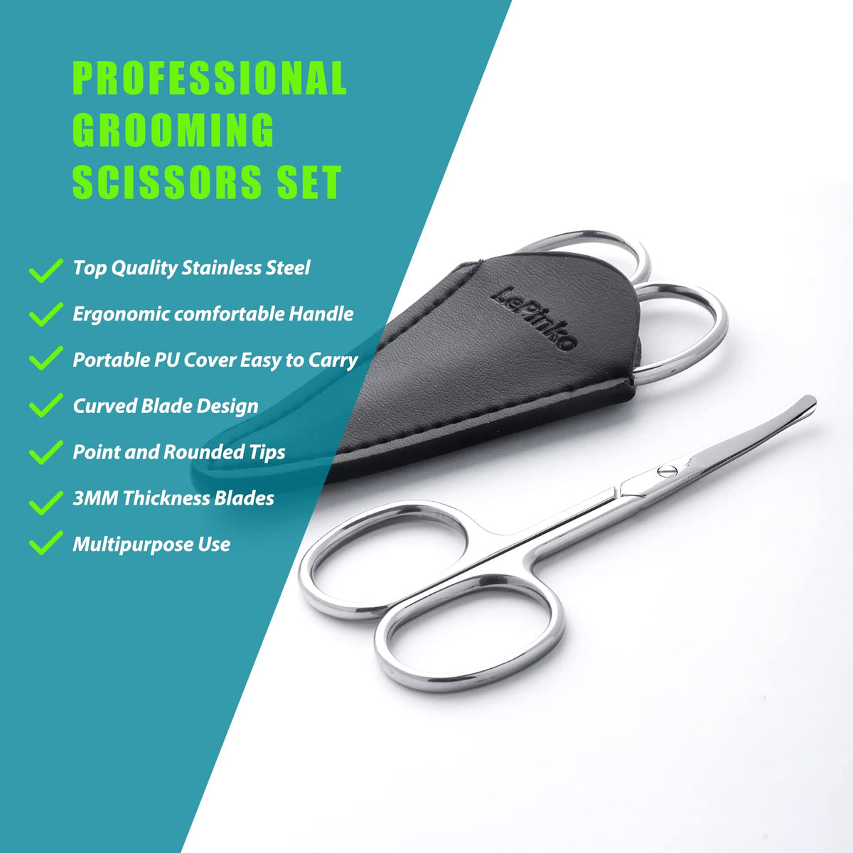 LePinko two scissors pair displayed open to show one rounded-tip and one pointed curved blade for versatile trimming