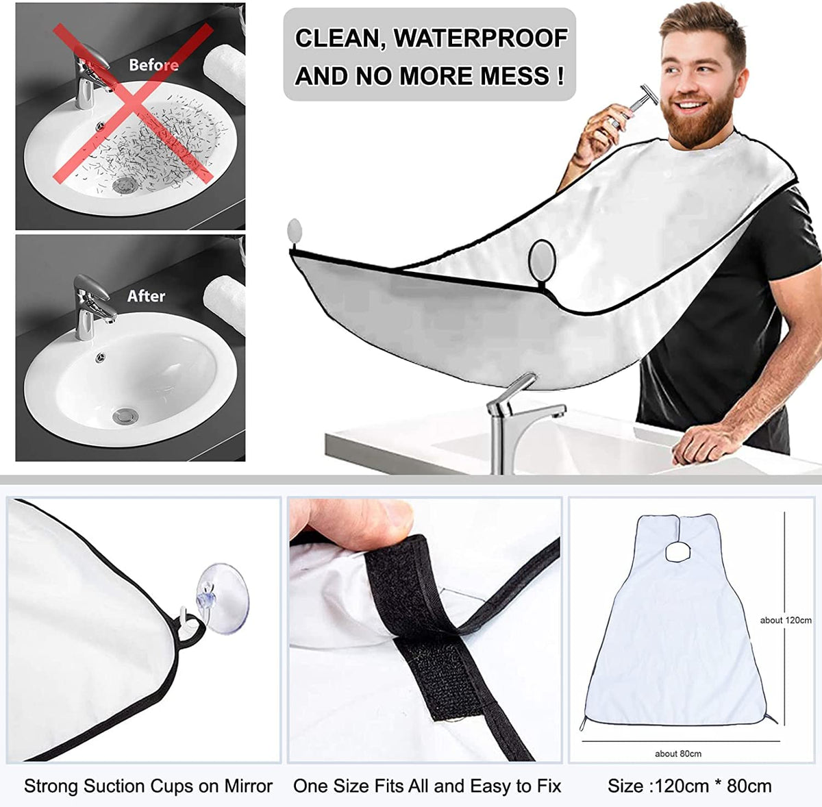 LEPONIX apron bib attached to mirror catching clippings to protect clothes