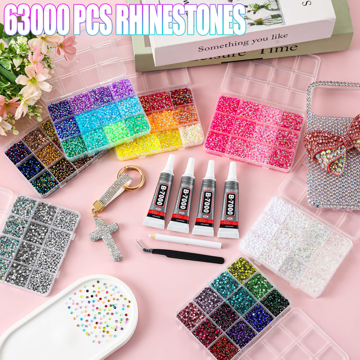 LERBOU color swatch close-up of 59 vibrant rhinestone shades for precise color matching