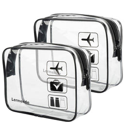 Lermende front view of two clear toiletry bags showing visibility and quick access