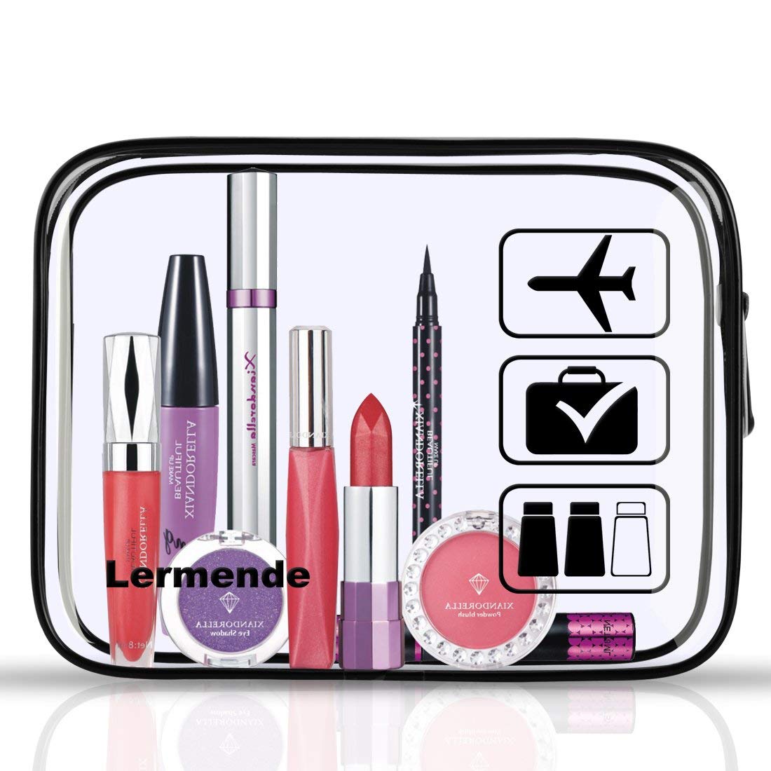 Lermende bag next to passport showing quart-size scale for TSA compliance