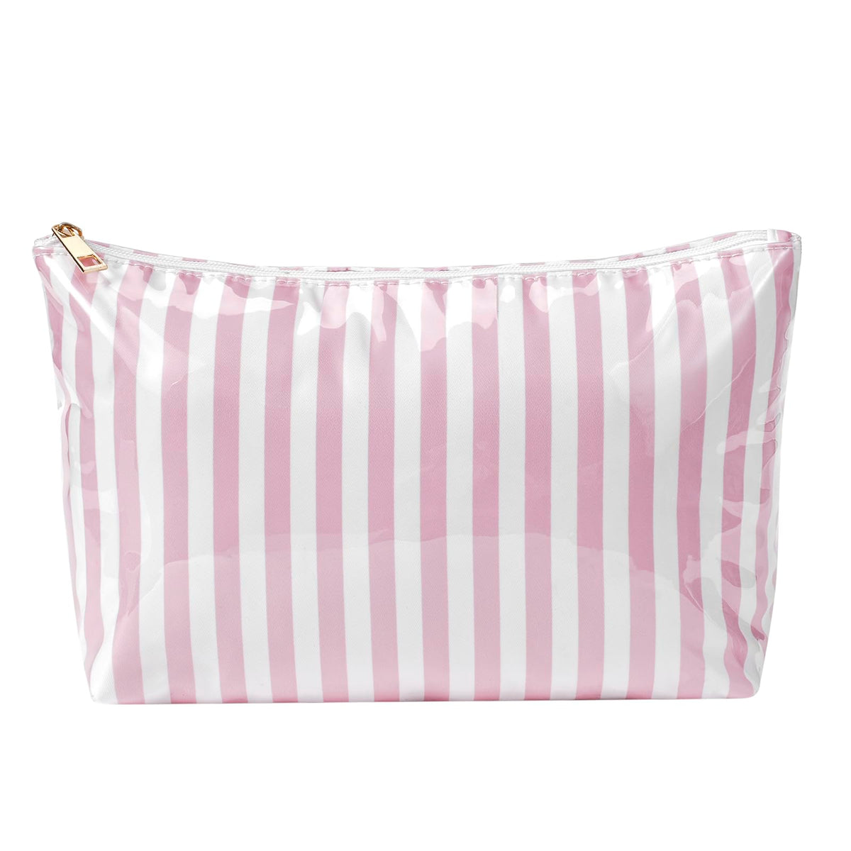 Lestikave front view of 04Pink Stripe bag showing glossy waterproof finish and striped design