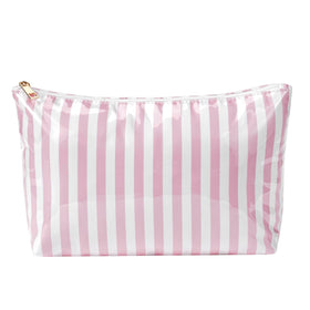 Lestikave front view of 04Pink Stripe bag showing glossy waterproof finish and striped design