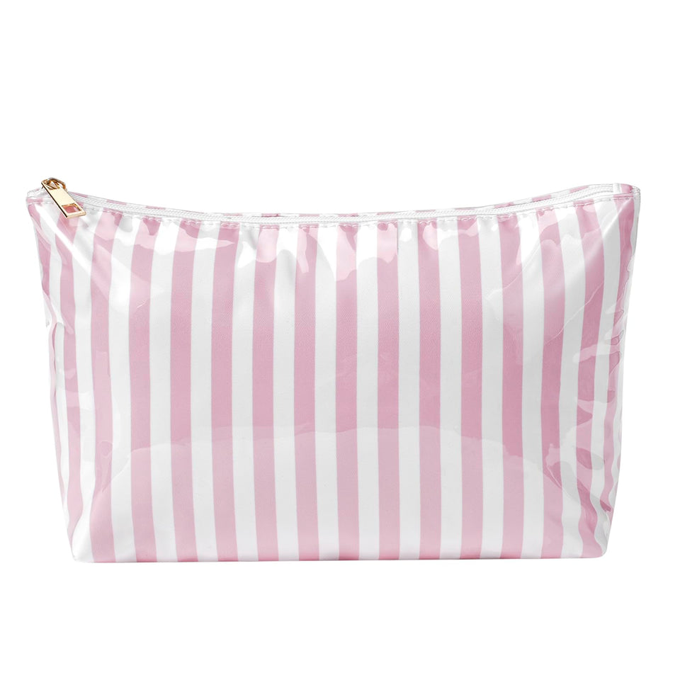 Lestikave front view of 04Pink Stripe bag showing glossy waterproof finish and striped design