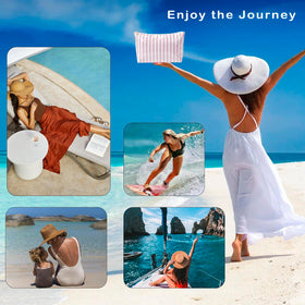 Lestikave makeup bag in a beach travel scene demonstrating portable organization