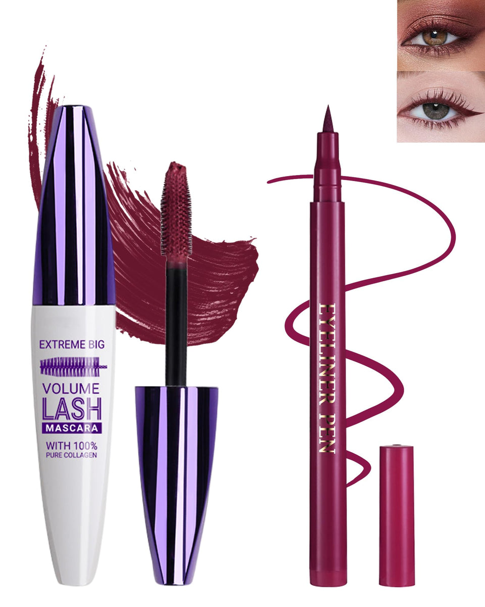 Lestpola front packaging showing burgundy mascara and eyeliner set benefit long-lasting wear