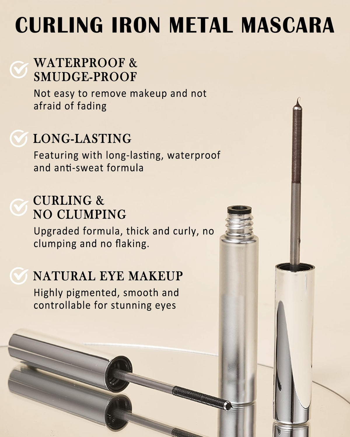 Lestpola mascara on lashes side view illustrating curled, lengthened effect