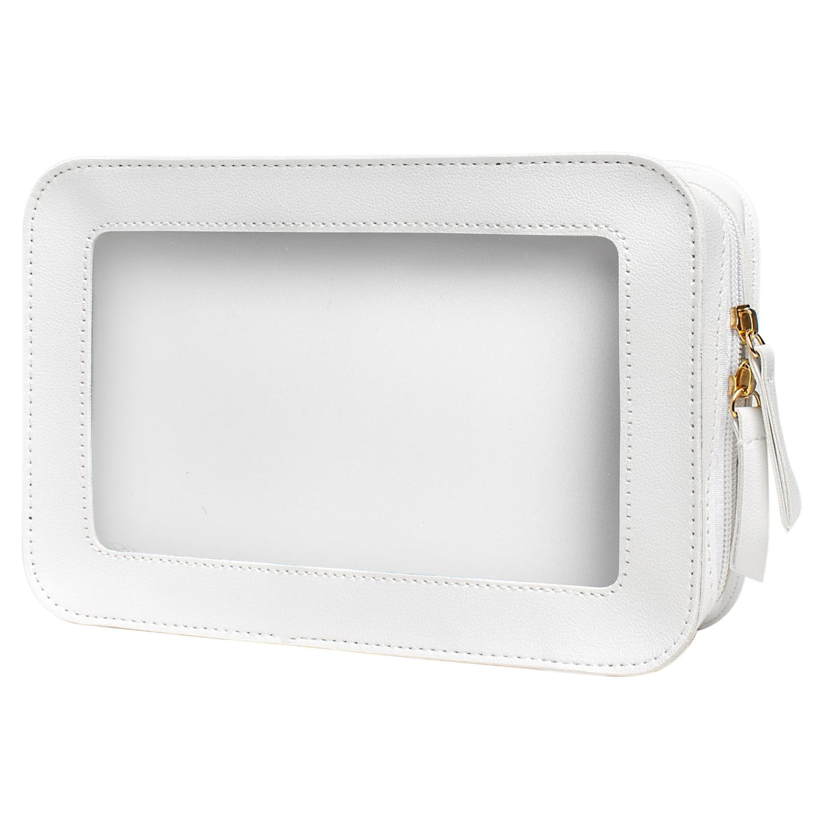 LETGO front view of clear makeup bag showing elegant boxy shape and zipper