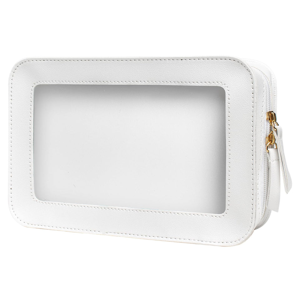 LETGO front view of clear makeup bag showing elegant boxy shape and zipper