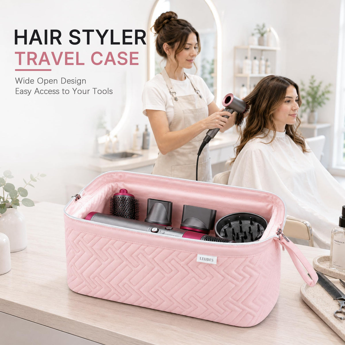 Leudes case with hair dryer and attachments lined up demonstrating neat storage benefit