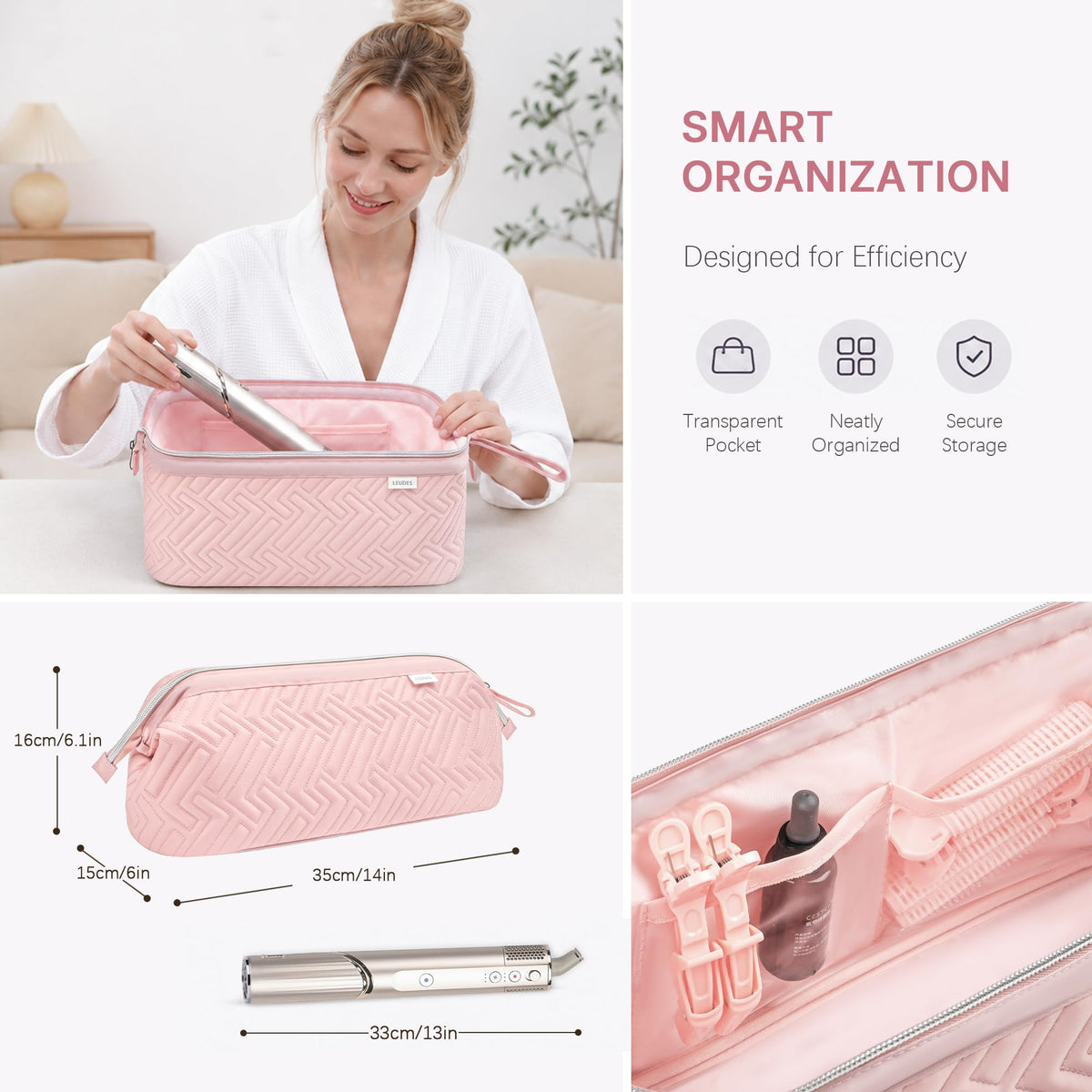 Leudes interior with pockets organizing attachments and reducing tangles for easy access
