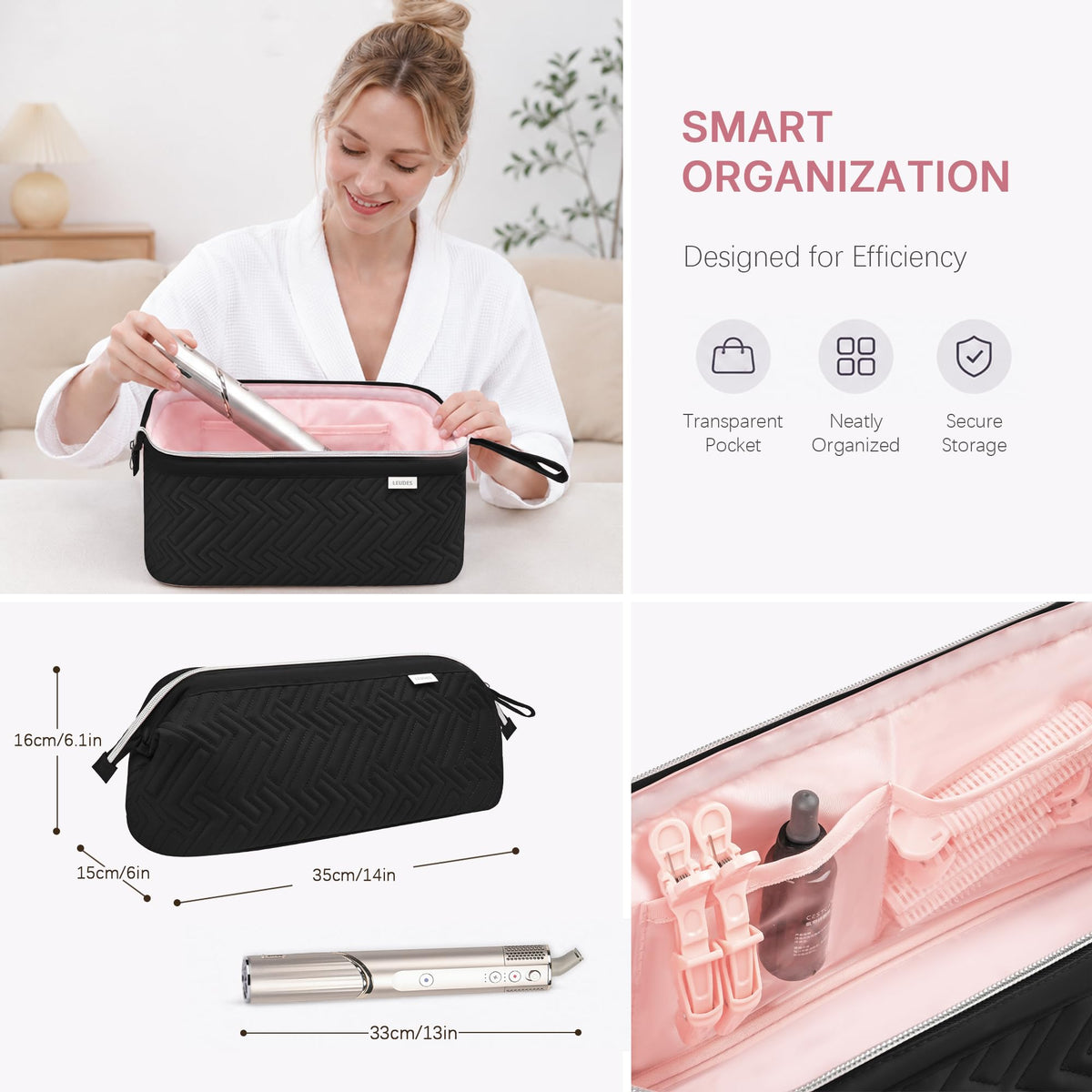 Leudes open interior with organized compartments for attachments and cords