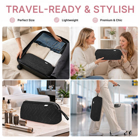Leudes case beside suitcase illustrating compact 35x15x15cm travel size