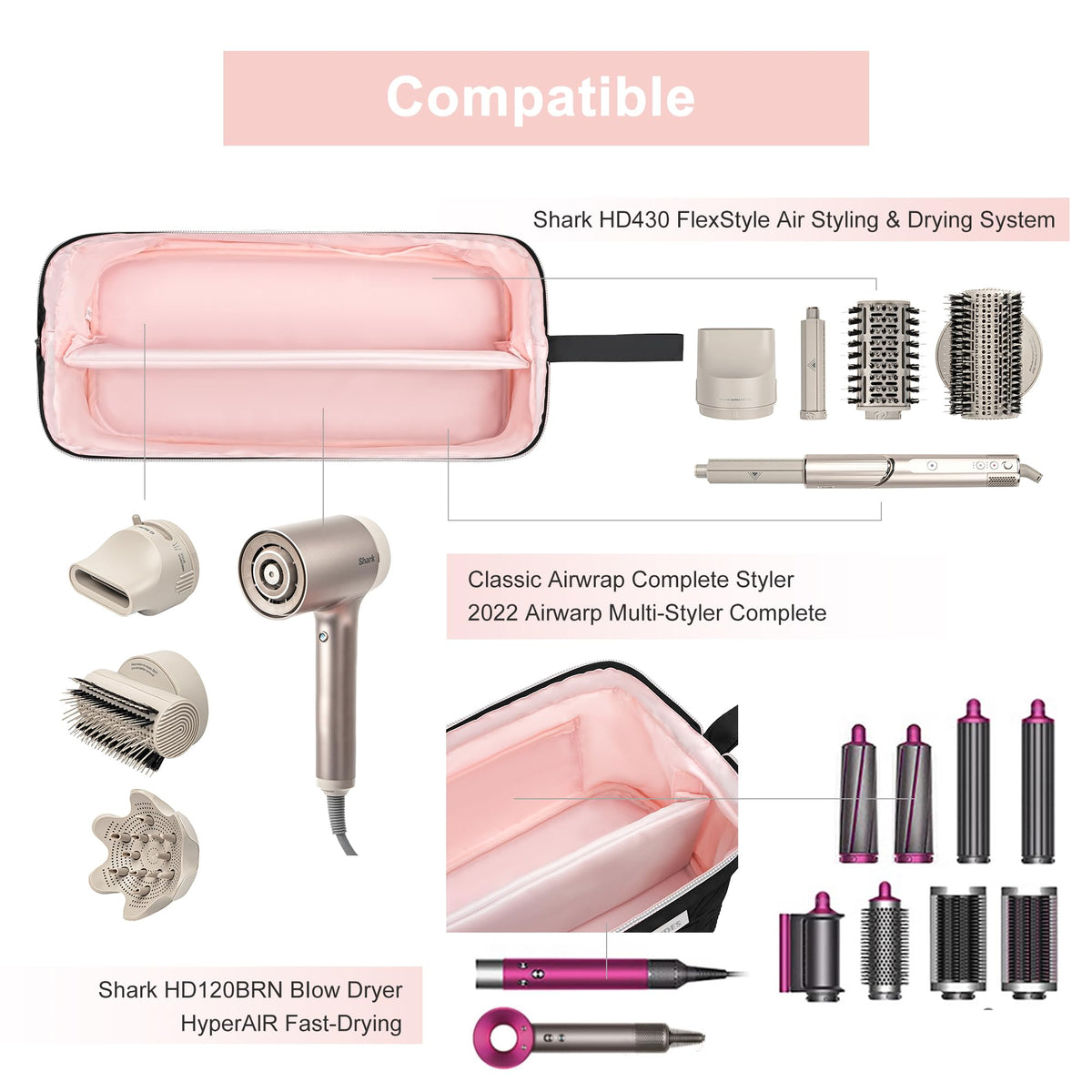 Leudes case holding Shark Flexstyle and compatible Airwrap attachments neatly