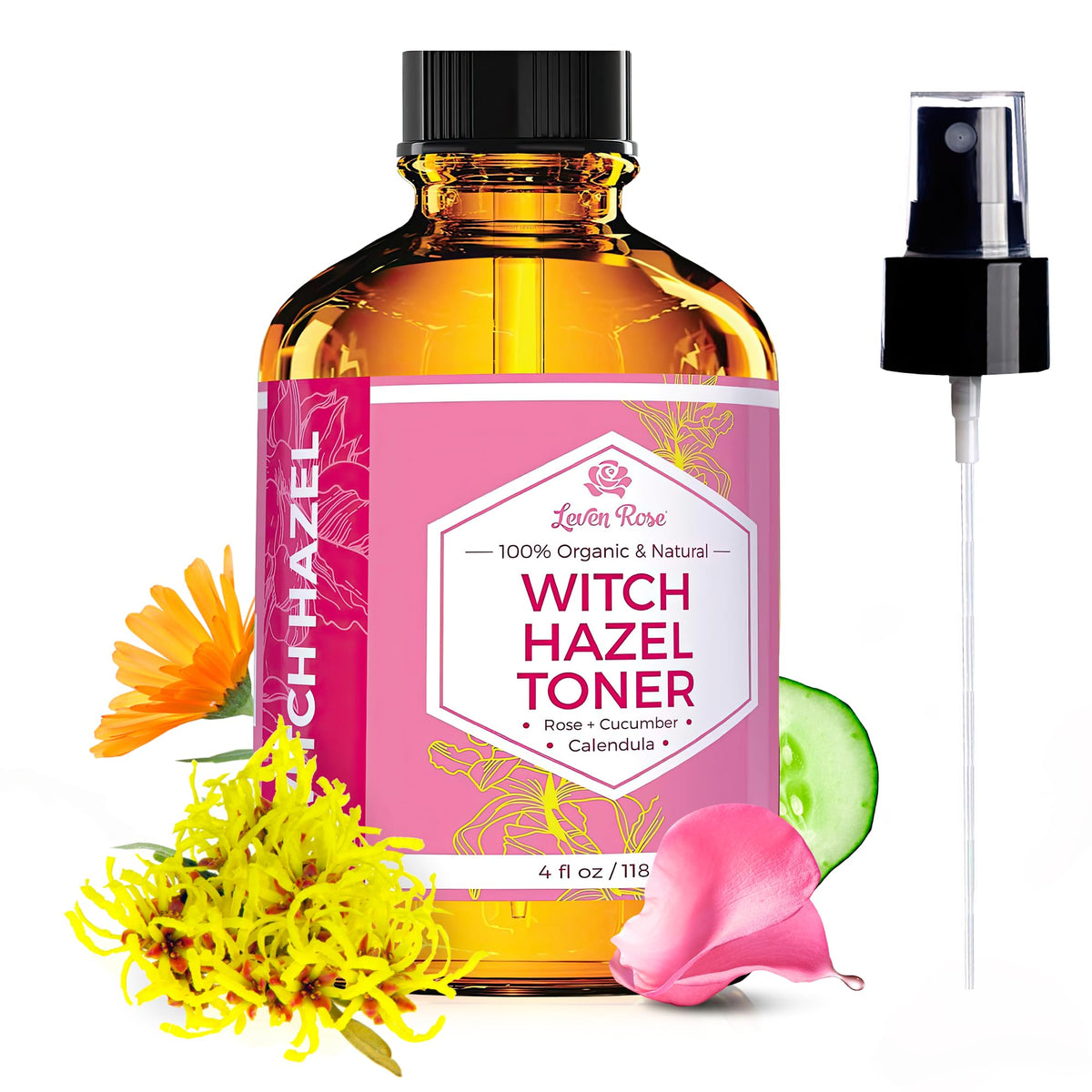 Leven Rose amber bottle front view showing product label and protective packaging benefit