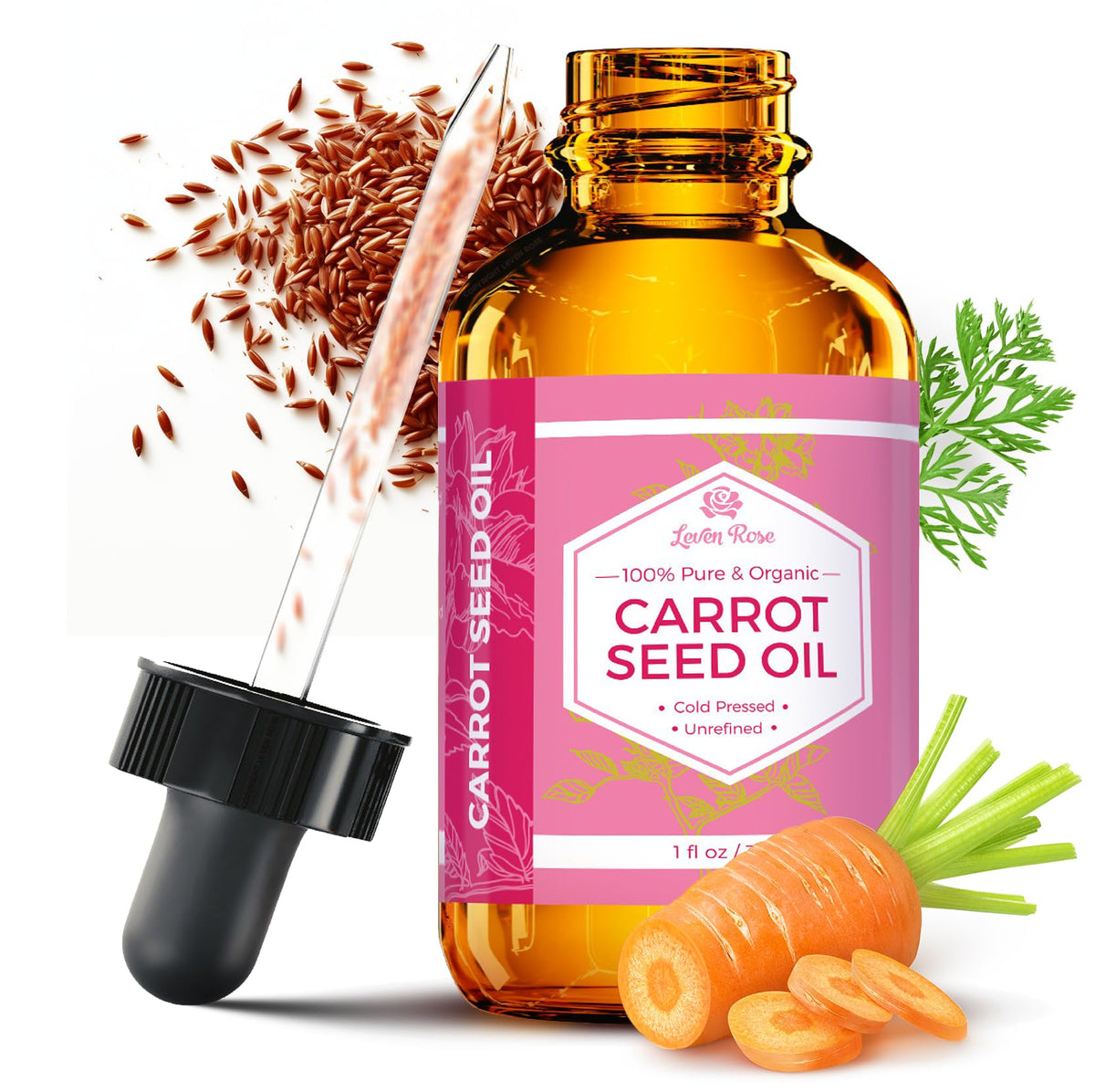 Leven Rose front bottle showing pure carrot seed oil for natural hydration