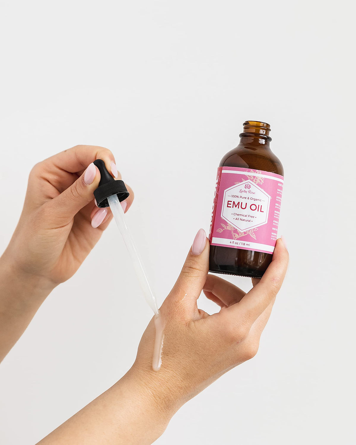 Leven Rose in-use on hair ends demonstrating shine and frizz control benefits