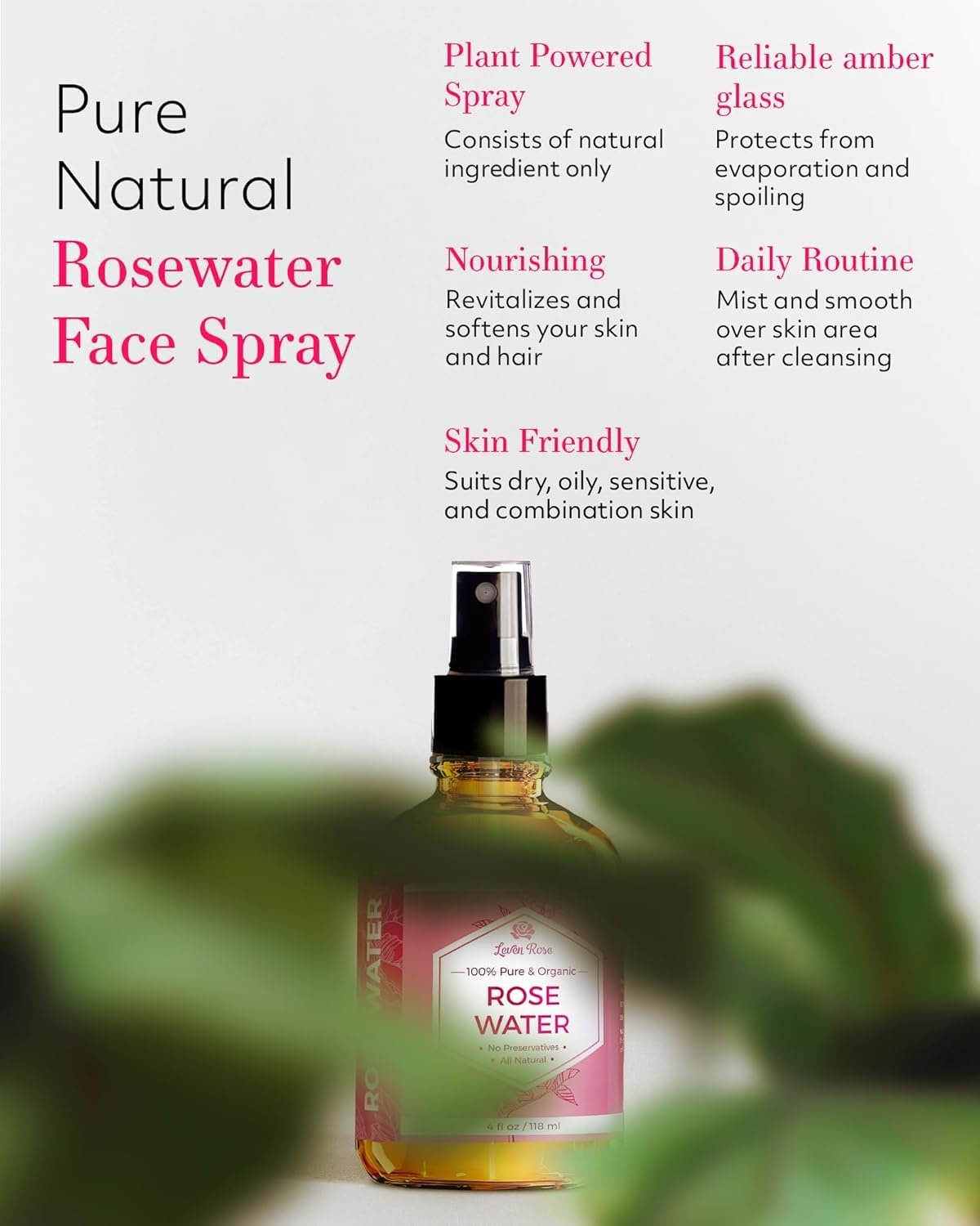Leven Rose fine mist close-up delivering instant cooling hydration